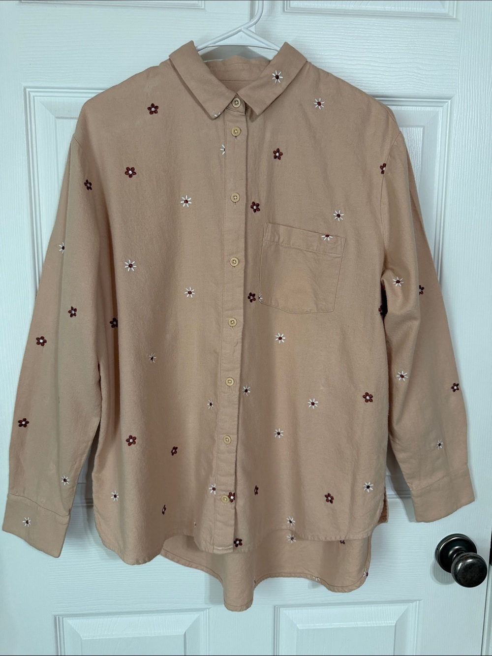 Madewell Tan Button-Down Shirt with Small Floral Embroidery